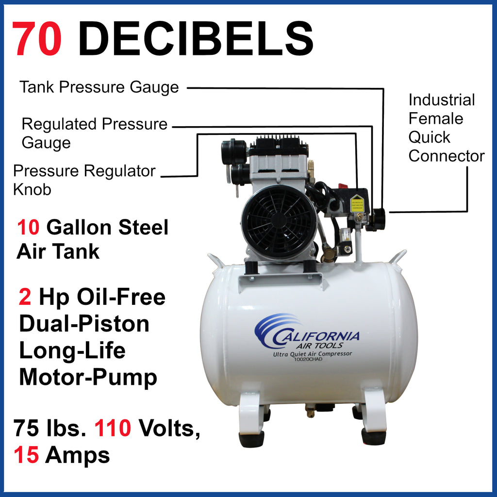 California Air Tools 10020CHAD Ultra Quiet & Oil-Free 2.0 Hp 10.0 Gal. Steel Tank Air Compressor with Auto Drain Valve