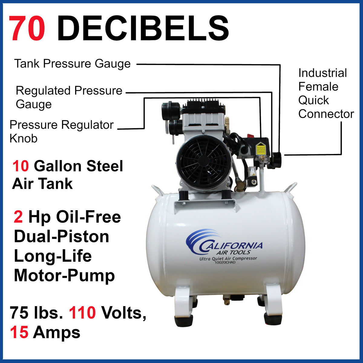 California Air Tools 10020CHAD Ultra Quiet & Oil-Free 2.0 Hp 10.0 Gal. Steel Tank Air Compressor with Auto Drain Valve