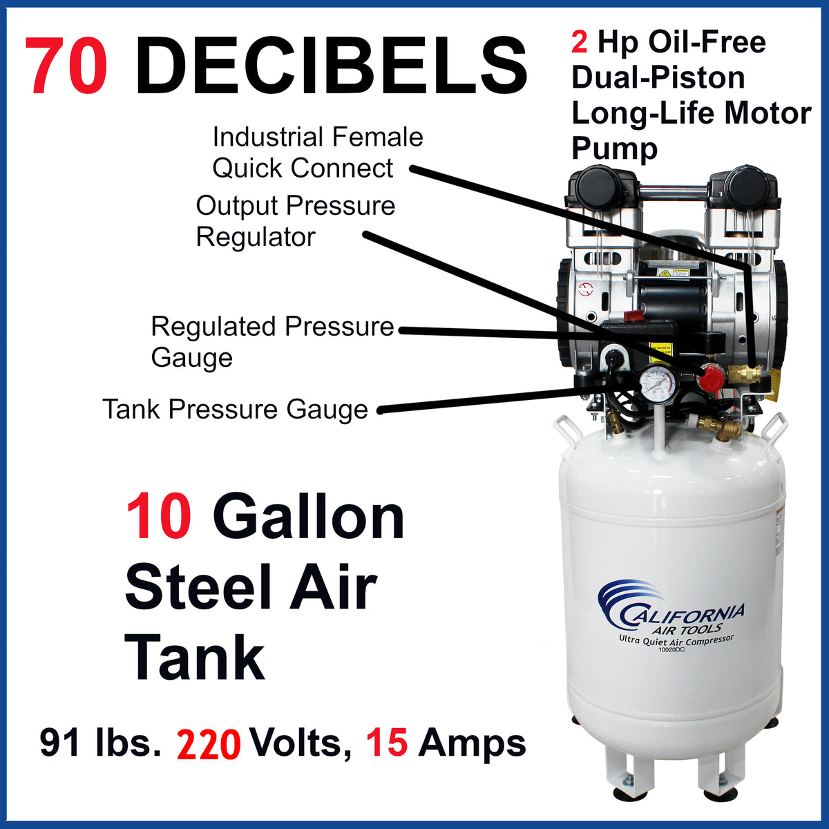 California Air Tools 10020DC-22060 Ultra Quiet  & Oil-Free  2.0 Hp, 10.0 Gal. Steel Tank Air Compressor with Air Drying System  (220V 60Hz)