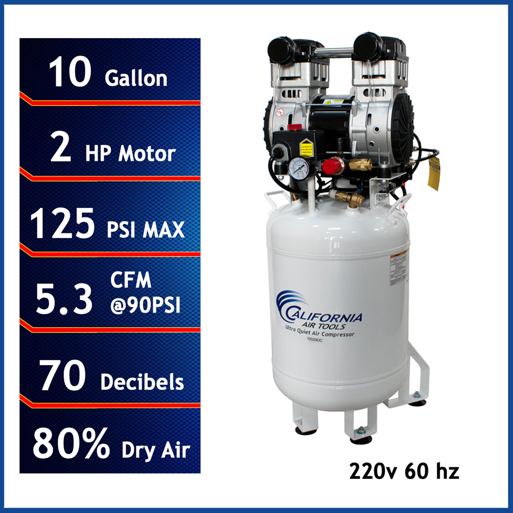 California Air Tools 10020DC-22060 Ultra Quiet  & Oil-Free  2.0 Hp, 10.0 Gal. Steel Tank Air Compressor with Air Drying System  (220V 60Hz)