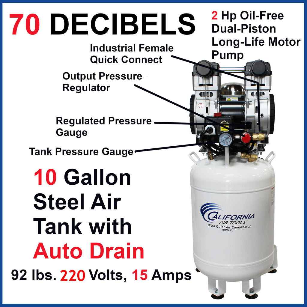 California Air Tools 10020DCAD-22060 Ultra Quiet  & Oil-Free  2.0 Hp, 10.0 Gal. Steel Tank Air Compressor with Air Drying System  (220V 60Hz)