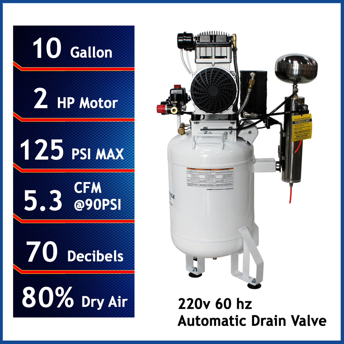 California Air Tools 10020DCAD-22060 Ultra Quiet  & Oil-Free  2.0 Hp, 10.0 Gal. Steel Tank Air Compressor with Air Drying System  (220V 60Hz)