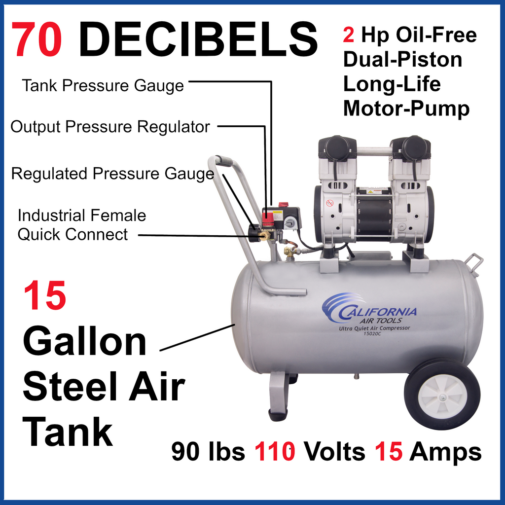 California Air Tools 15020C Ultra Quiet  & Oil-Free  2.0 Hp, 15.0 Gal. Steel Tank Air Compressor  (CSA/UL)