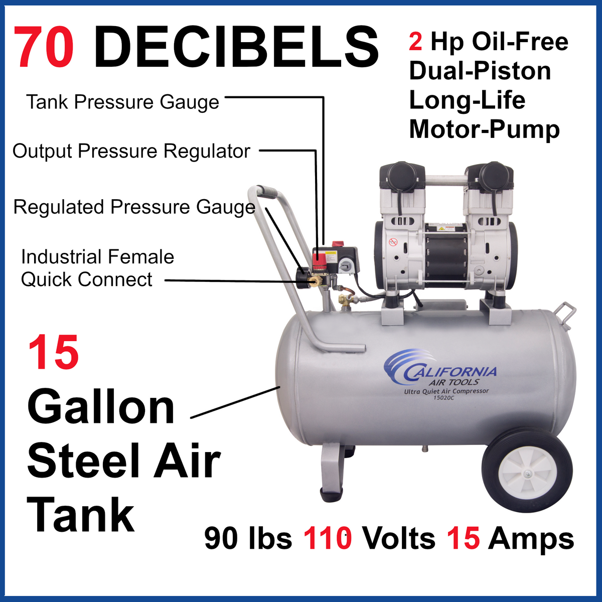 California Air Tools 15020C Ultra Quiet  & Oil-Free  2.0 Hp, 15.0 Gal. Steel Tank Air Compressor  (CSA/UL)