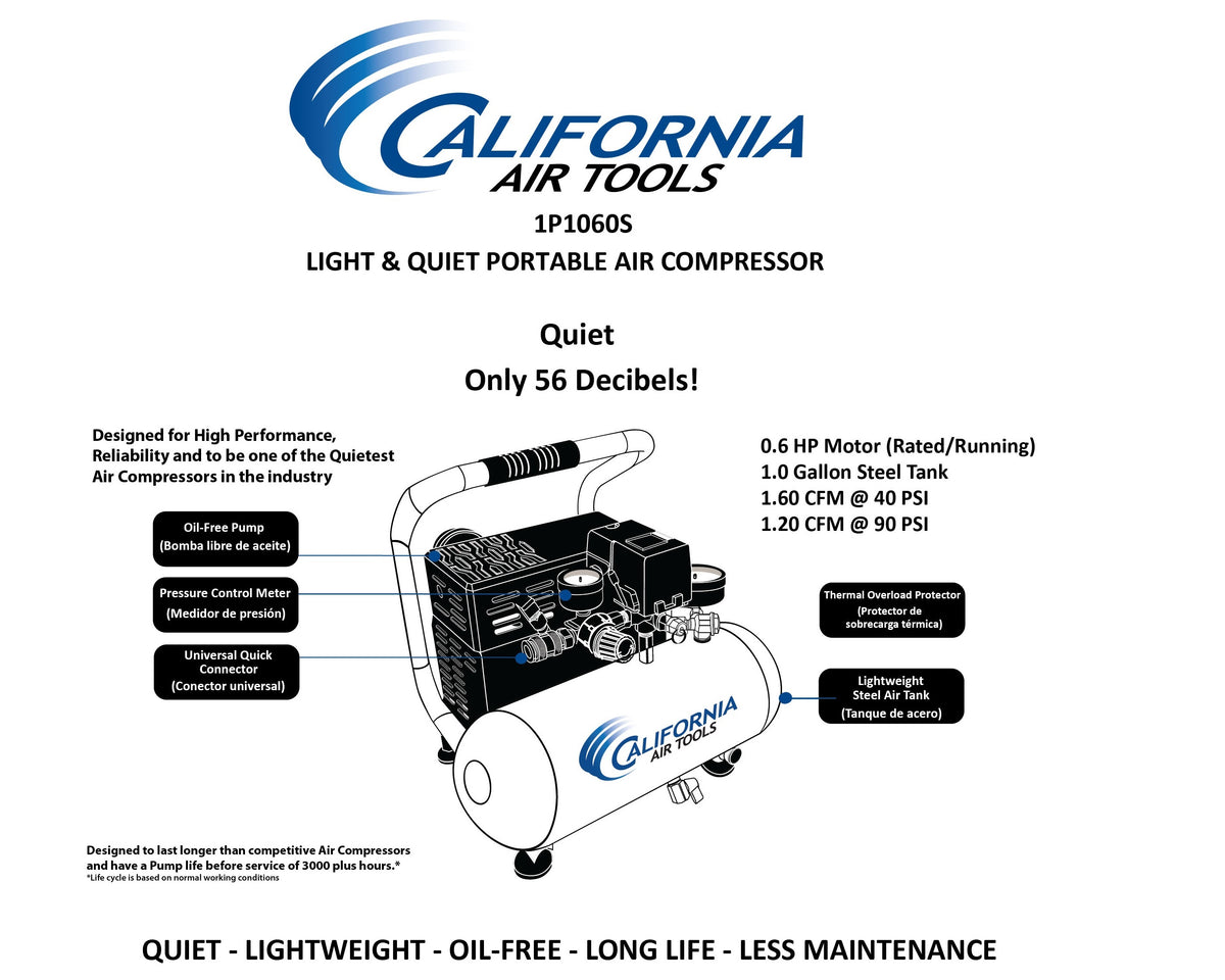 California Air Tools 1P1060S Light & Quiet .6 Hp, 1.0 Gal. Steel Tank Portable Air Compressor