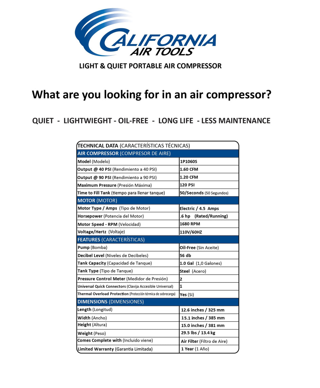 California Air Tools 1P1060S Light & Quiet .6 Hp, 1.0 Gal. Steel Tank Portable Air Compressor