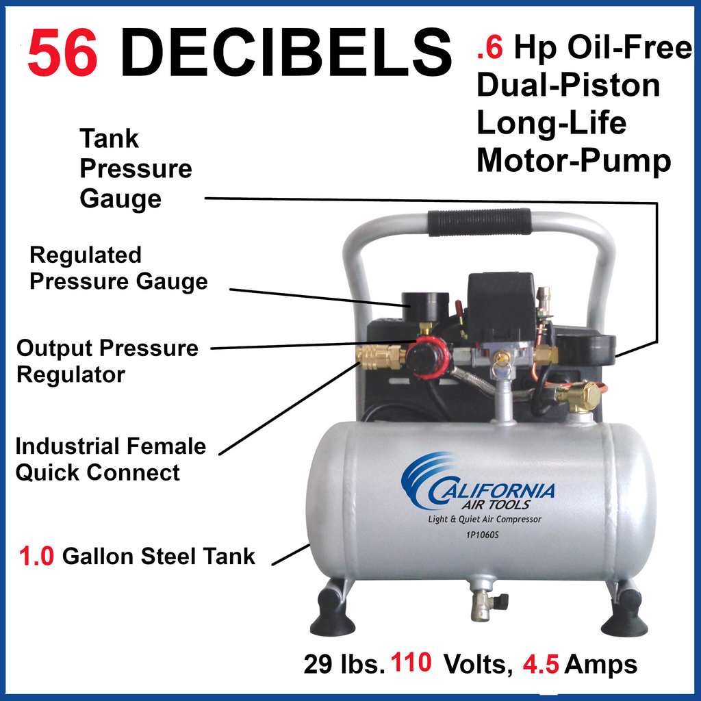 California Air Tools 1P1060S Light & Quiet .6 Hp, 1.0 Gal. Steel Tank Portable Air Compressor