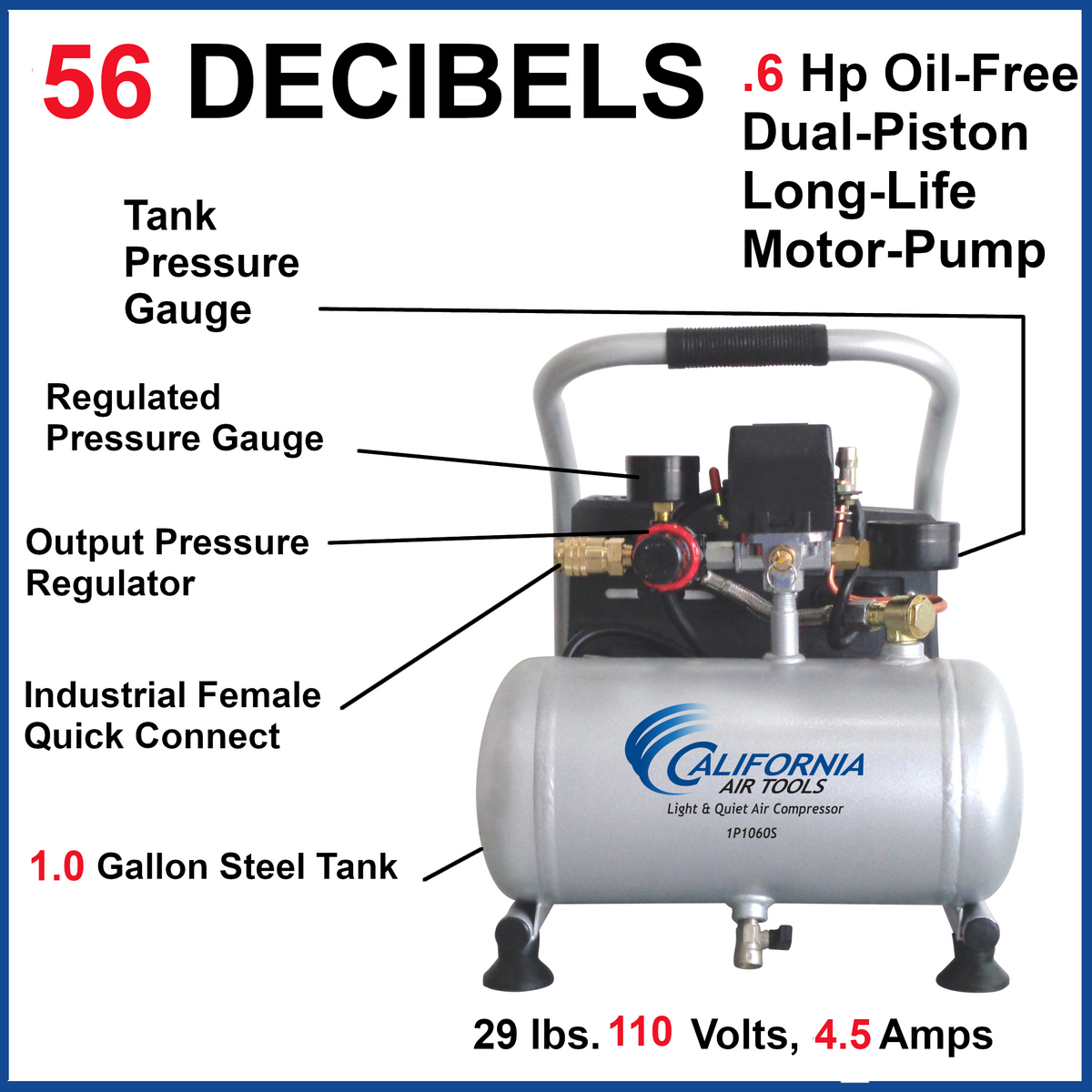 California Air Tools 1P1060S Light & Quiet .6 Hp, 1.0 Gal. Steel Tank Portable Air Compressor
