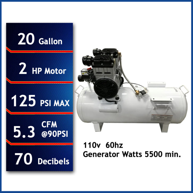 California Air Tools 20020CTR Ultra Quiet 2.0 Hp, Oil-Free and Powerful 20-Gallon Horizontal Air Compressor 110 Volts, 60 hz