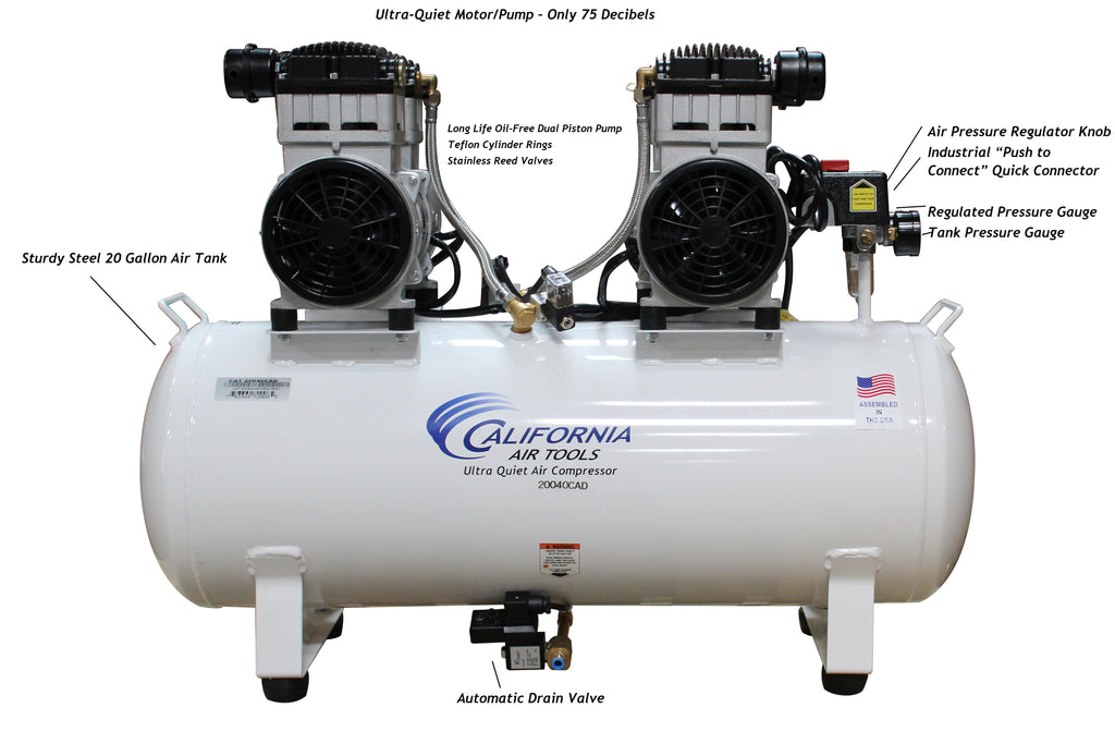 California Air Tools 20040CAD Ultra Quiet & Oil-Free 4.0 Hp, 20.0 Gal. Steel Tank Air Compressor with Auto Drain Valve