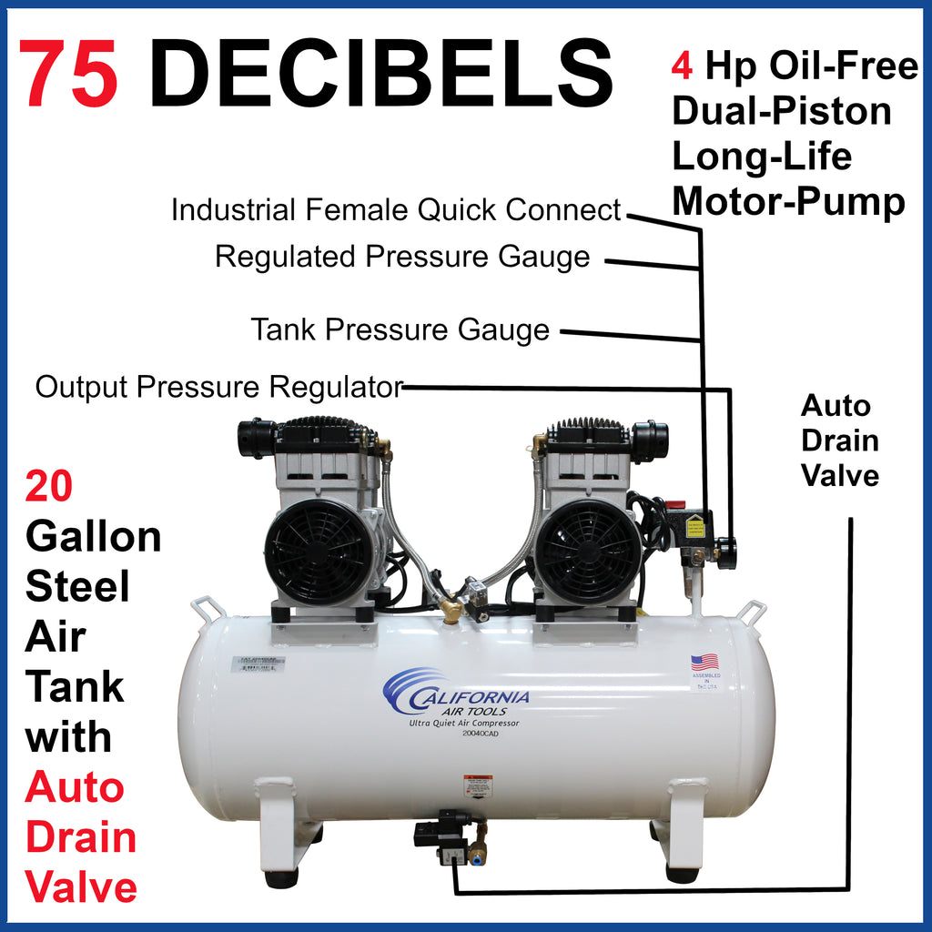 California Air Tools 20040CAD Ultra Quiet & Oil-Free 4.0 Hp, 20.0 Gal. Steel Tank Air Compressor with Auto Drain Valve