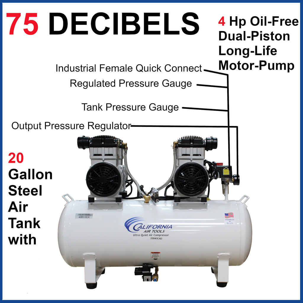 California Air Tools 20040C Ultra Quiet & Oil-Free 4.0 Hp, 20.0 Gal. Steel Tank Air Compressor
