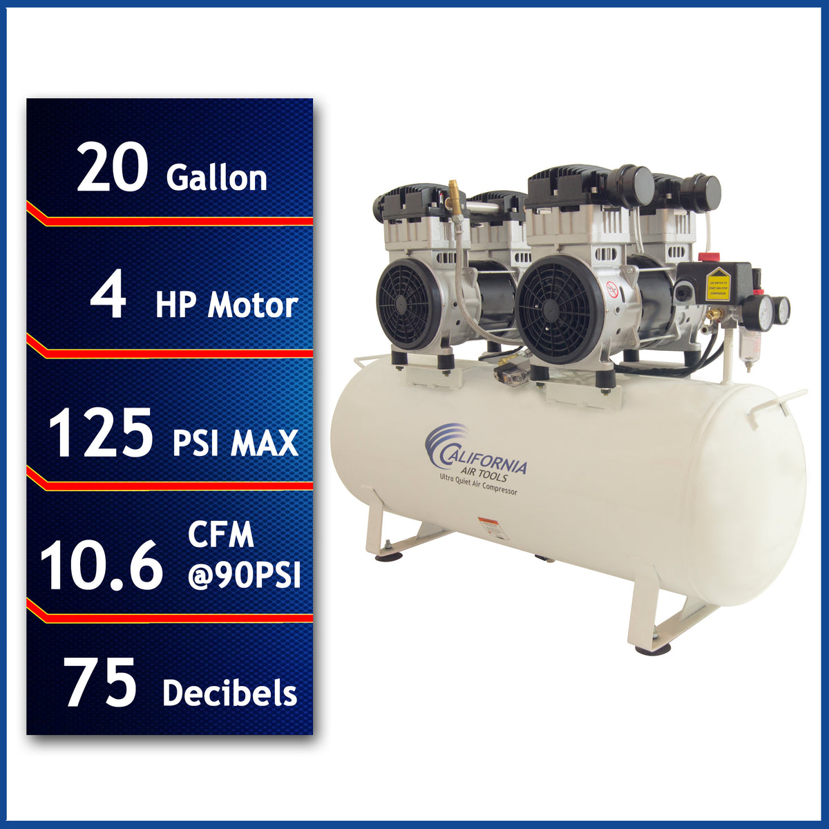 California Air Tools 20040C Ultra Quiet & Oil-Free 4.0 Hp, 20.0 Gal. Steel Tank Air Compressor