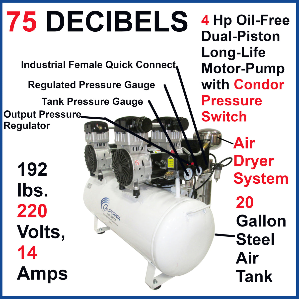 California Air Tools 20040DCADC Ultra Quiet & Oil-Free 4.0 Hp, 20.0 Gal. Steel Tank Air Compressor with Air Drying System