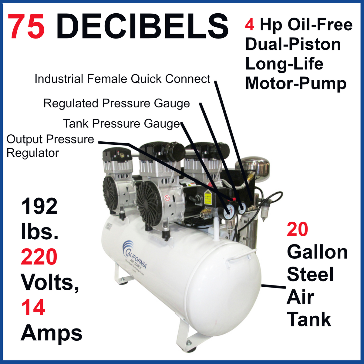 California Air Tools 20040DC Ultra Quiet & Oil-Free 4.0 Hp, 20.0 Gal. Steel Tank Air Compressor with Auto Drain Valve and Dolly