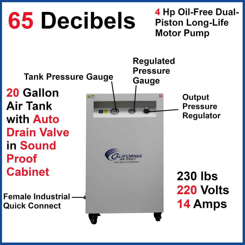 California Air Tools 20040SPCAD Ultra Quiet & Oil-Free 4.0 Hp, 20.0 Gal. Air Compressor in Sound Proof Cabinet with Auto Drain Valve