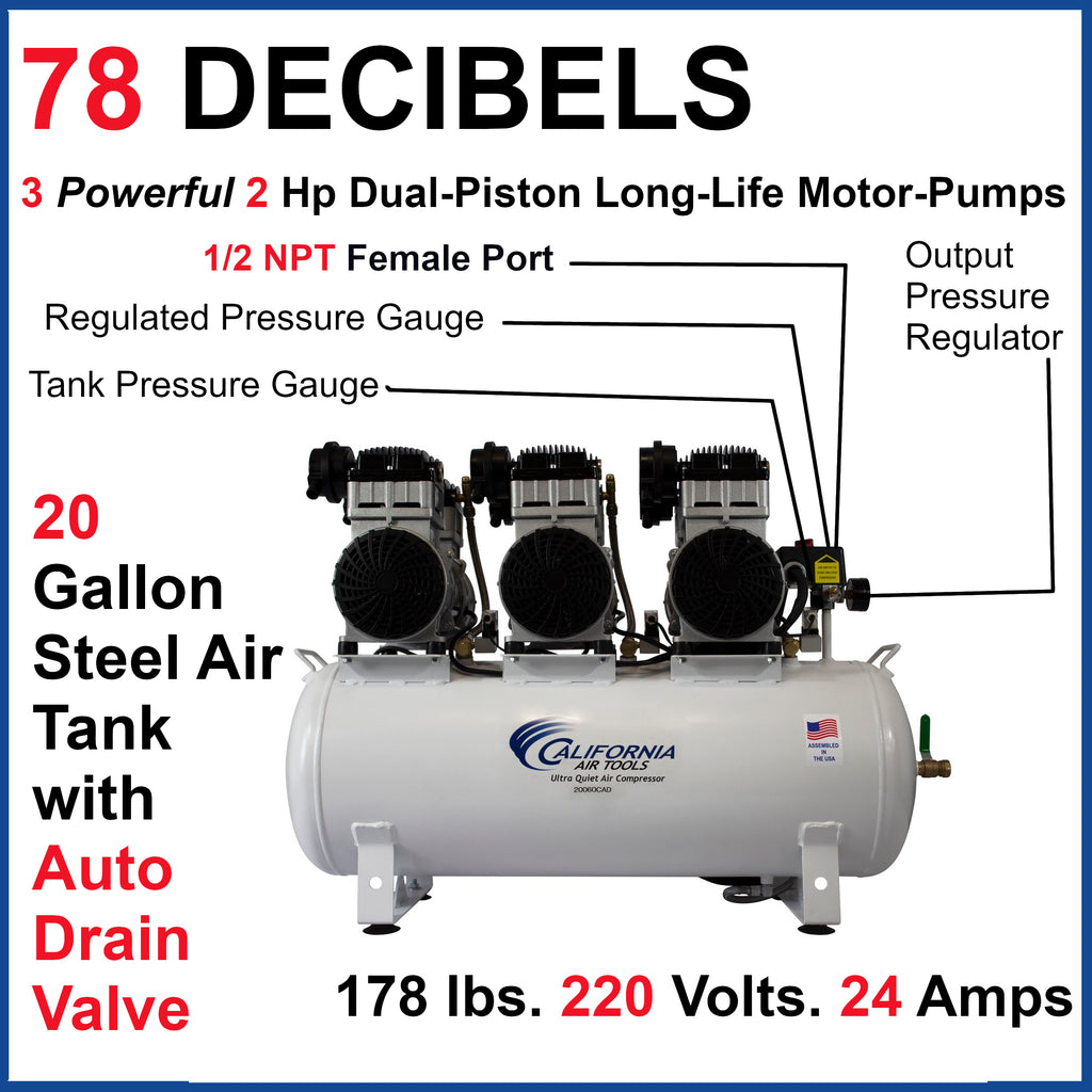 California Air Tools 20060CAD Ultra Quiet & Oil-Free 6.0 Hp, 20.0 Gal. Steel Tank Air Compressor with Auto Drain Valve