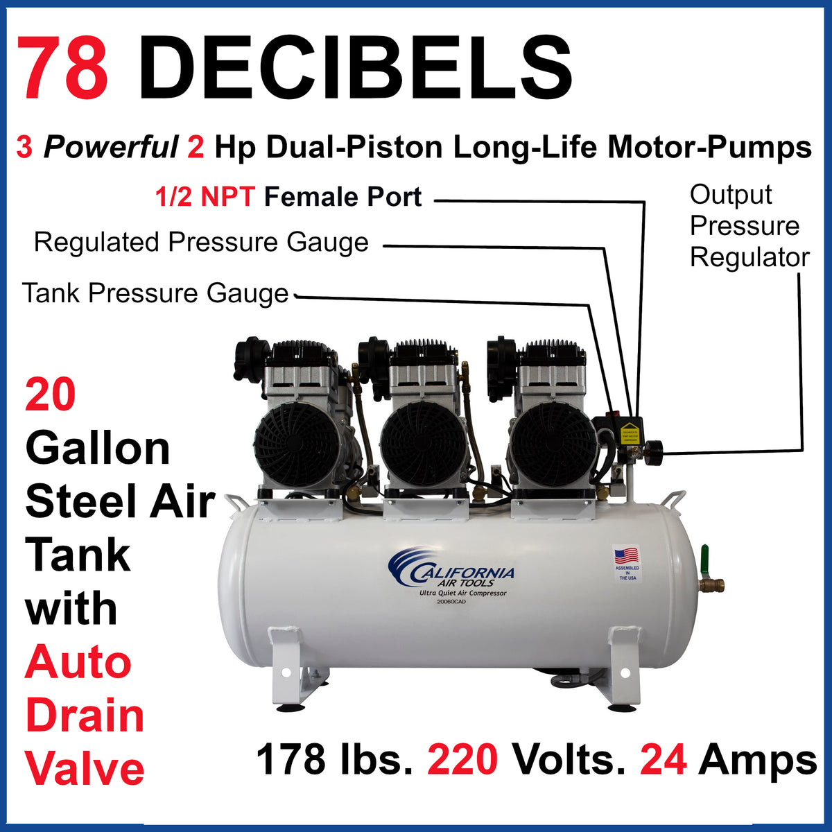 California Air Tools 20060CAD Ultra Quiet & Oil-Free 6.0 Hp, 20.0 Gal. Steel Tank Air Compressor with Auto Drain Valve