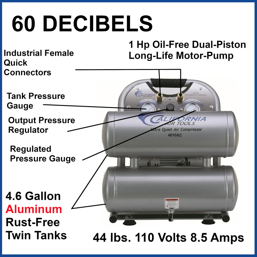 California Air Tools 4620AC Ultra Quiet  & Oil-Free  2.0 Hp, 4.0 Gal. Aluminum Twin Tank Air Compressor