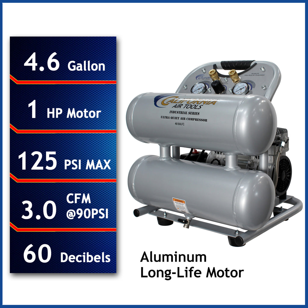 California Air Tools 4610ALFC Ultra Quiet  & Oil-Free  1.0 Hp, 4.6 Gal. Aluminum Twin Tank Air Compressor