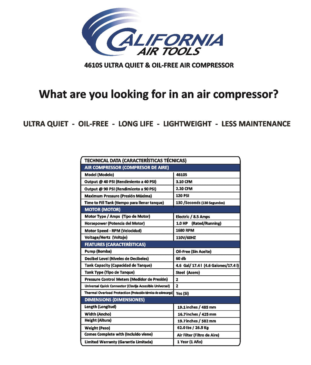 California Air Tools 4610S Ultra Quiet  & Oil-Free  1.0 Hp, 4.6 Gal. Steel Twin Tank Air Compressor
