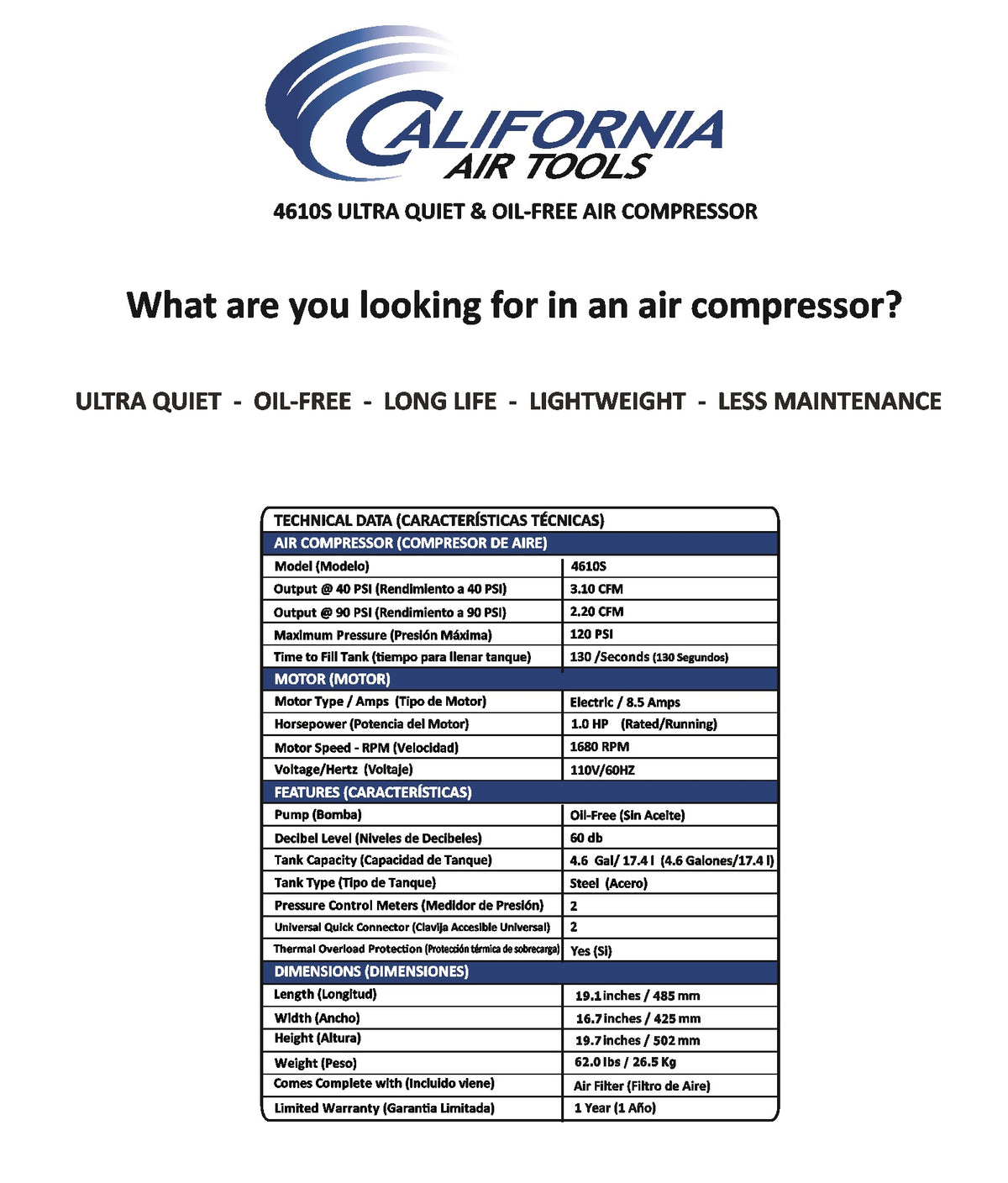 California Air Tools 4610S Ultra Quiet  & Oil-Free  1.0 Hp, 4.6 Gal. Steel Twin Tank Air Compressor