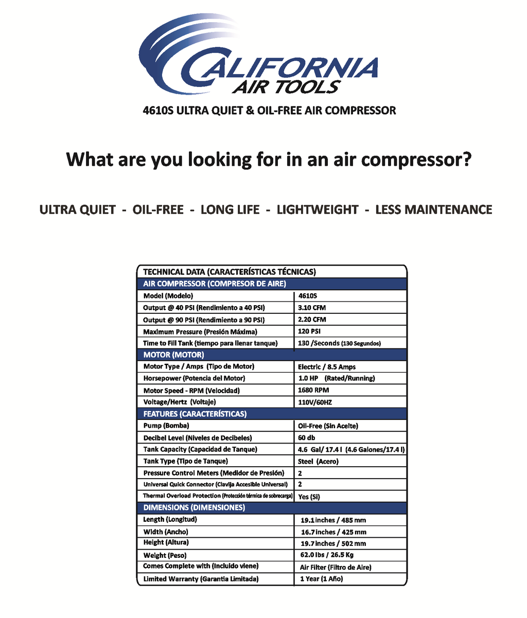 California Air Tools 4610S Ultra Quiet  & Oil-Free  1.0 Hp, 4.6 Gal. Steel Twin Tank Air Compressor