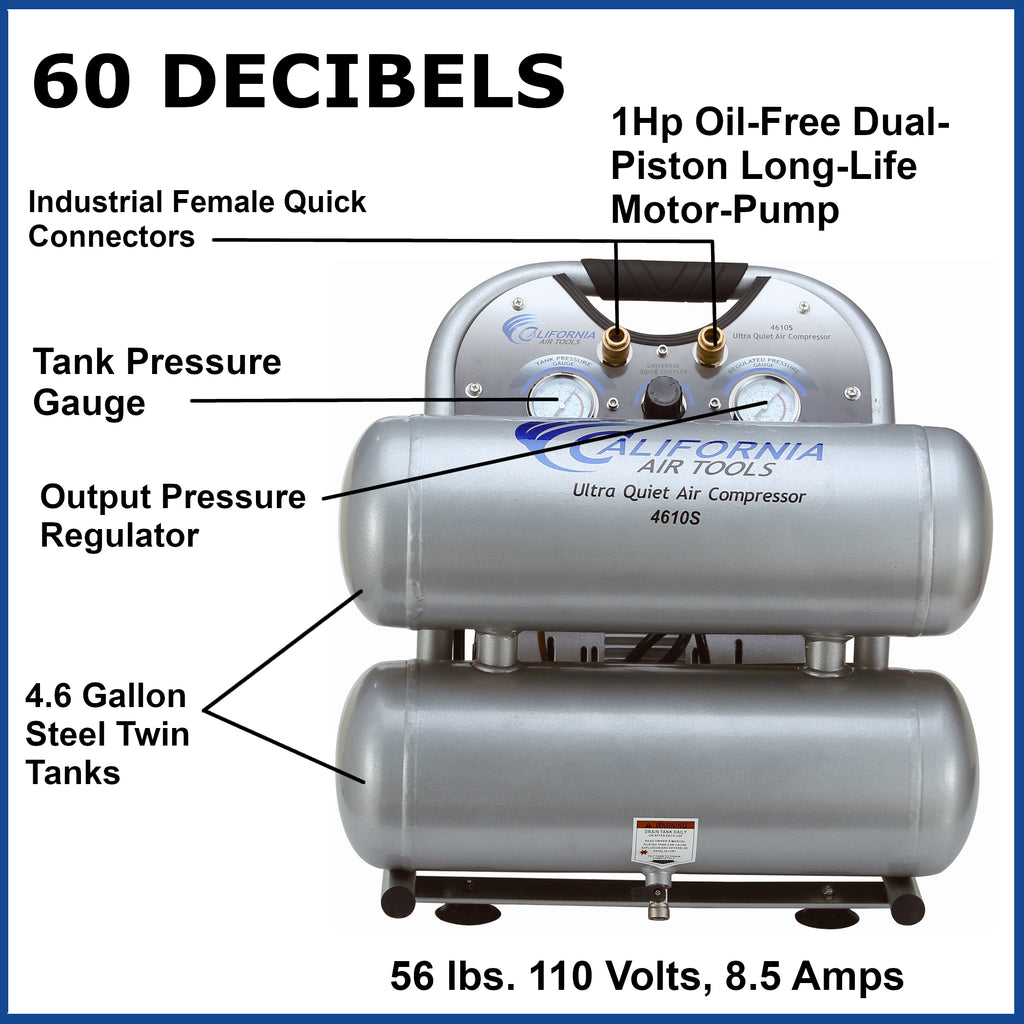 California Air Tools 4610S Ultra Quiet  & Oil-Free  1.0 Hp, 4.6 Gal. Steel Twin Tank Air Compressor
