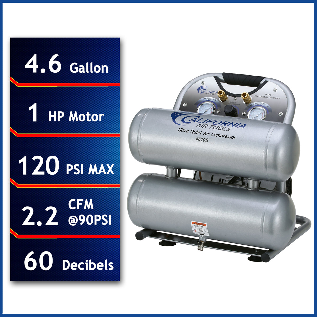 California Air Tools 4610S Ultra Quiet  & Oil-Free  1.0 Hp, 4.6 Gal. Steel Twin Tank Air Compressor