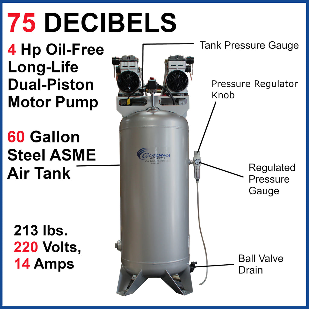 California Air Tools 60040CAD Ultra Quiet & Oil-Free 4.0 Hp, 60 Gal. Steel Tank Air Compressor with Auto Drain Valve