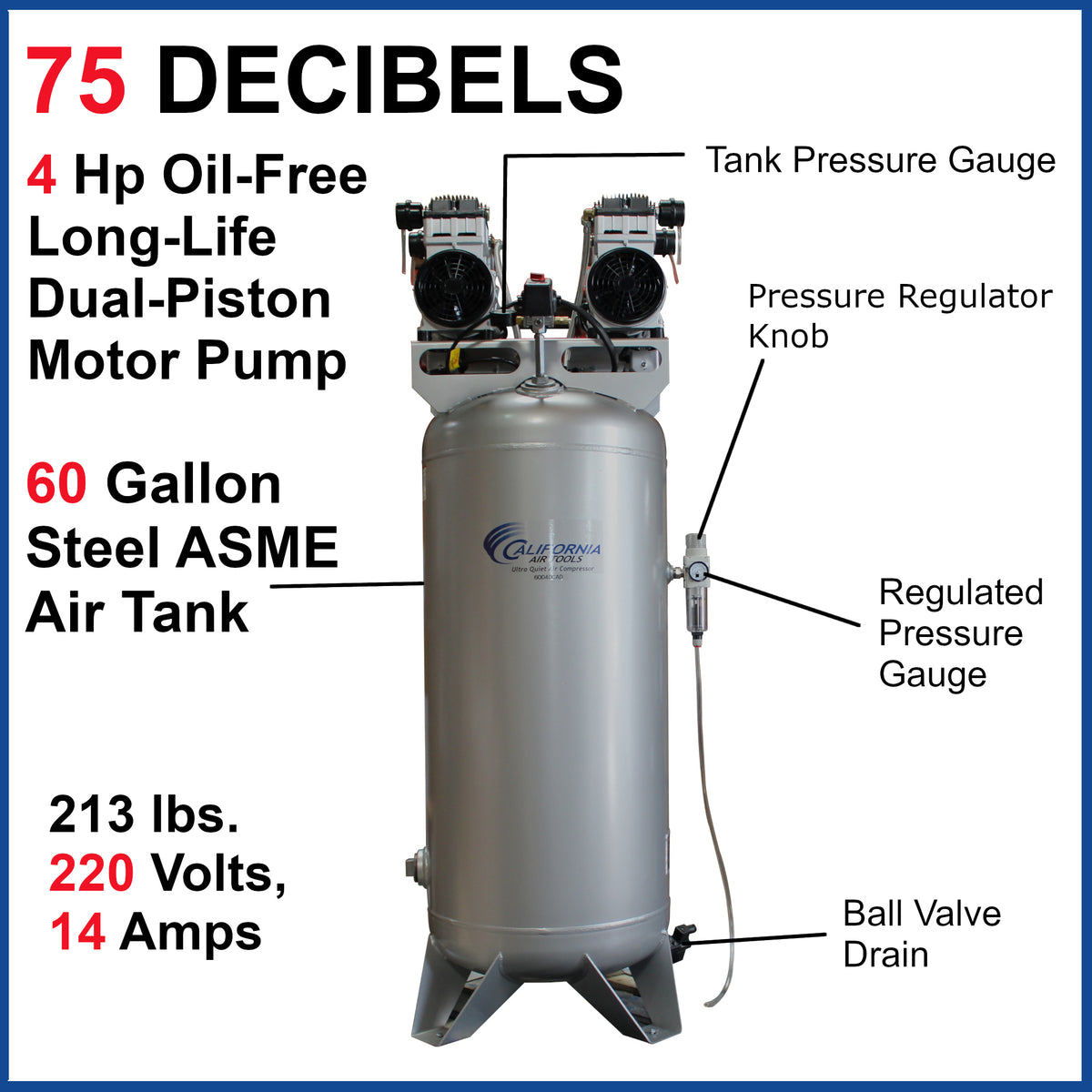 California Air Tools 60040CAD Ultra Quiet & Oil-Free 4.0 Hp, 60 Gal. Steel Tank Air Compressor with Auto Drain Valve