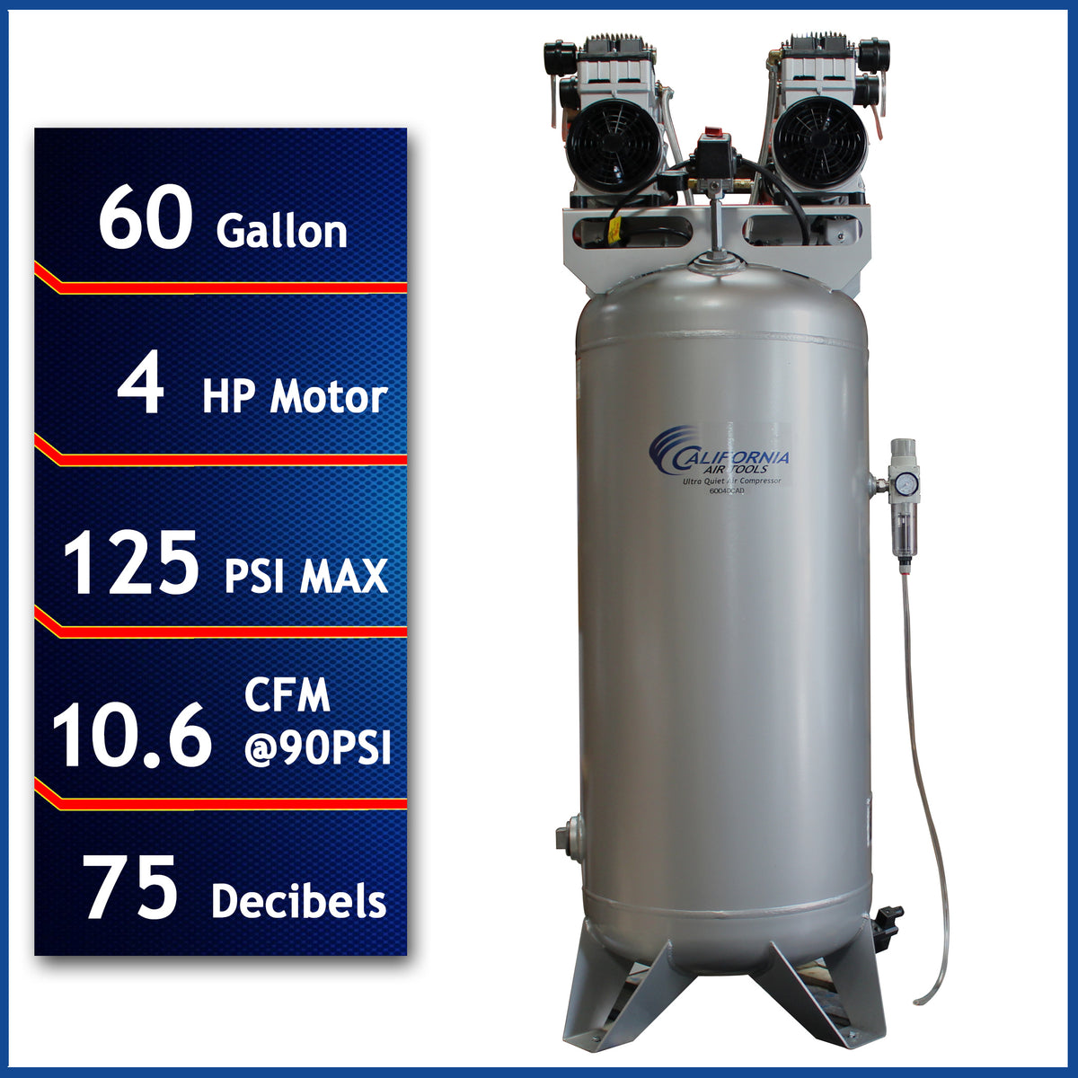 California Air Tools 60040CAD Ultra Quiet & Oil-Free 4.0 Hp, 60 Gal. Steel Tank Air Compressor with Auto Drain Valve