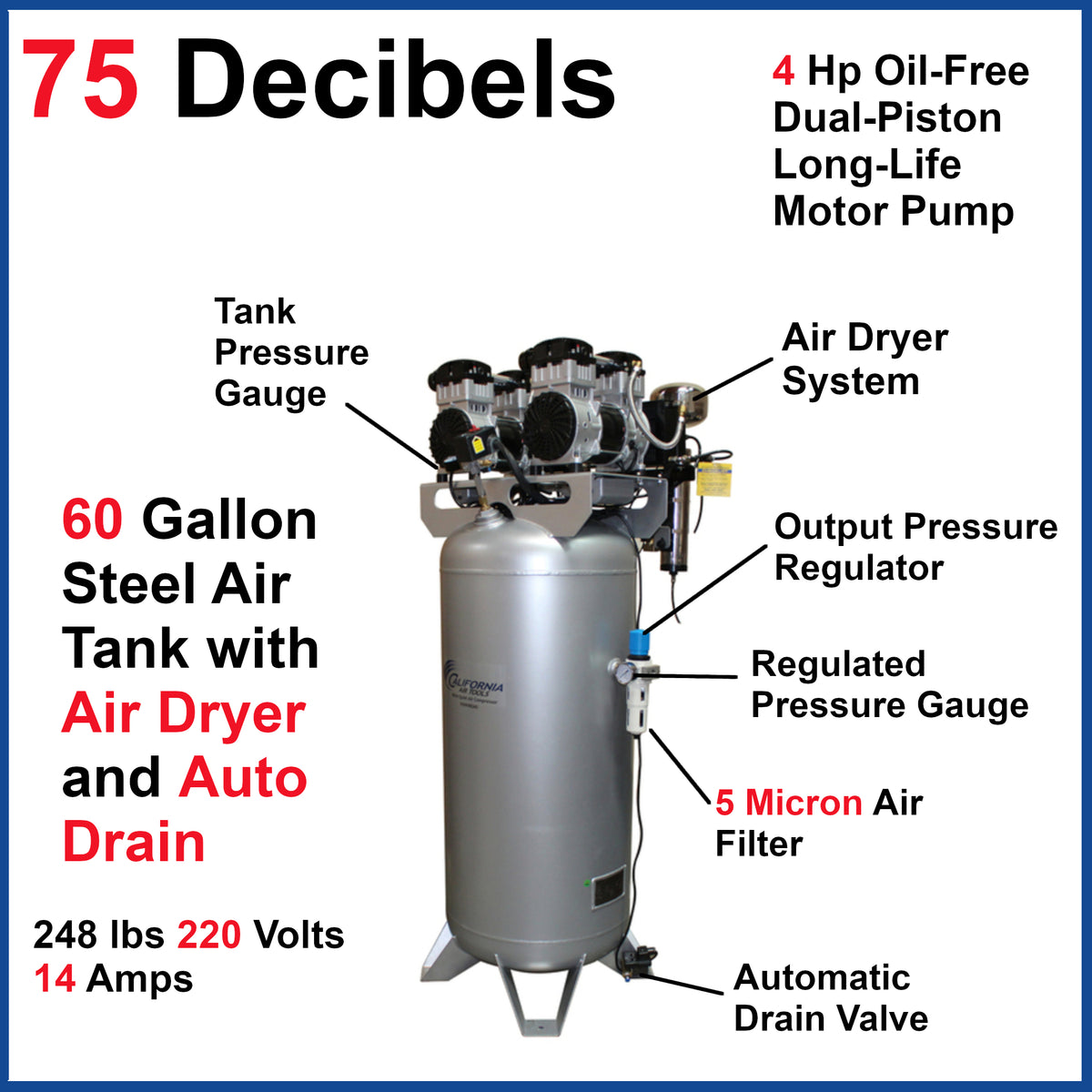 California Air Tools 60040DCAD Ultra Quiet & Oil-Free 4.0 Hp, 60 Gal. Steel Tank Air Compressor with Auto Drain Valve and Dolly