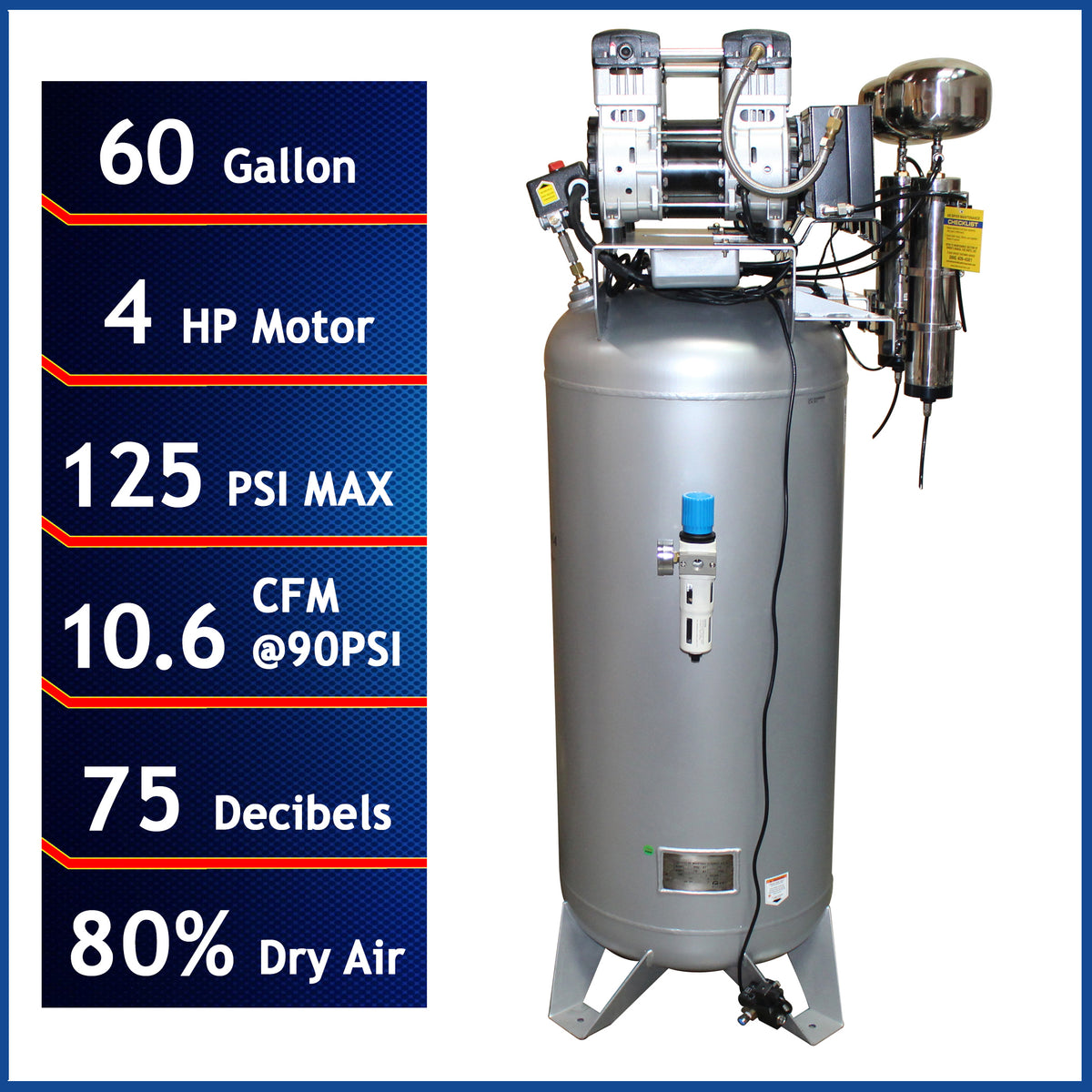 California Air Tools 60040DCAD Ultra Quiet & Oil-Free 4.0 Hp, 60 Gal. Steel Tank Air Compressor with Auto Drain Valve and Dolly