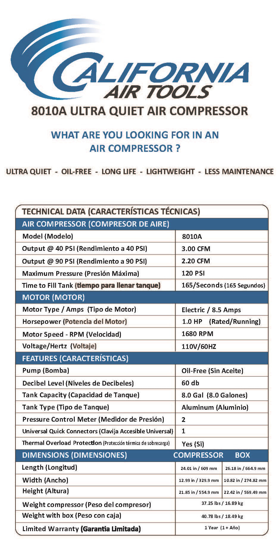 California Air Tools 8010A Ultra Quiet  & Oil-Free  1.0 Hp, 8.0 Gal. Aluminum Tank Air Compressor