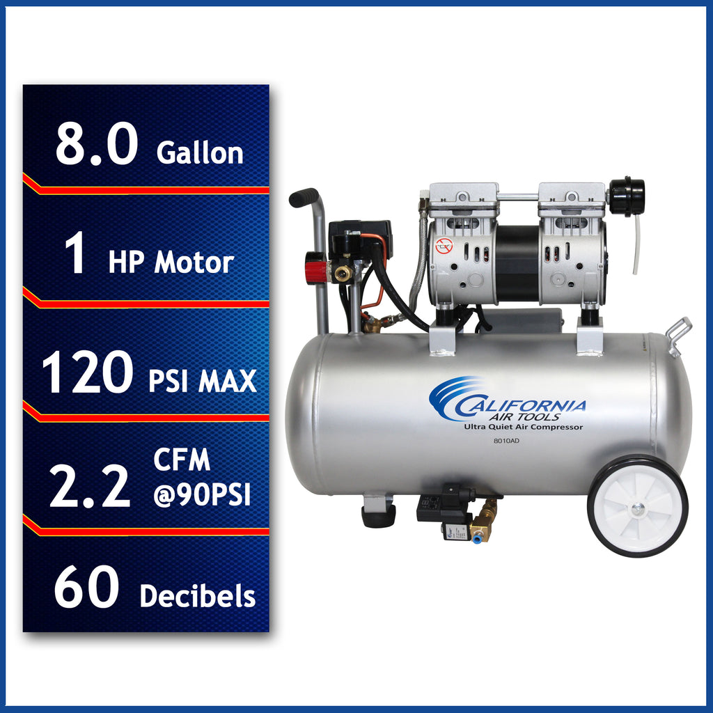 California Air Tools 8010AD Ultra Quiet & Oil-Free 1.0 Hp, 8.0 Gal. Steel Tank Air Compressor w/Auto Drain
