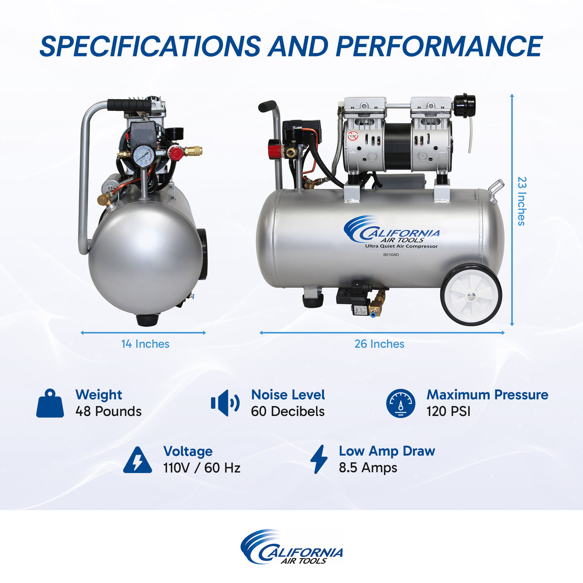 California Air Tools 8010AD Ultra Quiet & Oil-Free 1.0 Hp, 8.0 Gal. Steel Tank Air Compressor w/Auto Drain