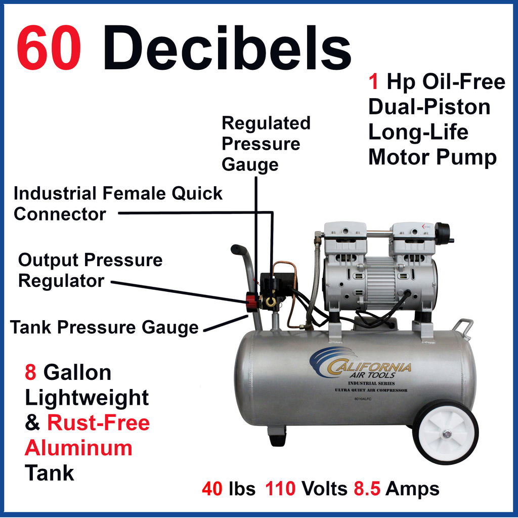 California Air Tools 8010ALFC Ultra Quiet & Oil-Free 1.0 Hp 8.0 Gal. Aluminum Tank Air Compressor