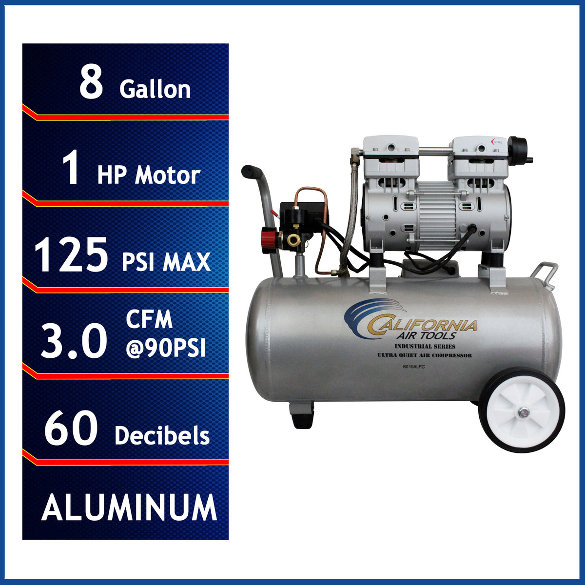 California Air Tools 8010ALFC Ultra Quiet & Oil-Free 1.0 Hp 8.0 Gal. Aluminum Tank Air Compressor