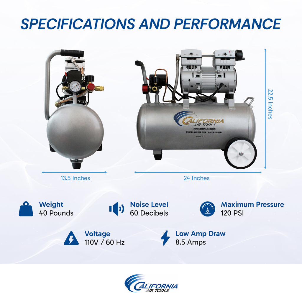California Air Tools 8010ALFC Ultra Quiet & Oil-Free 1.0 Hp 8.0 Gal. Aluminum Tank Air Compressor