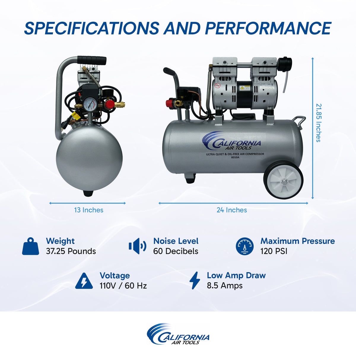 California Air Tools 8010A Ultra Quiet  & Oil-Free  1.0 Hp, 8.0 Gal. Aluminum Tank Air Compressor