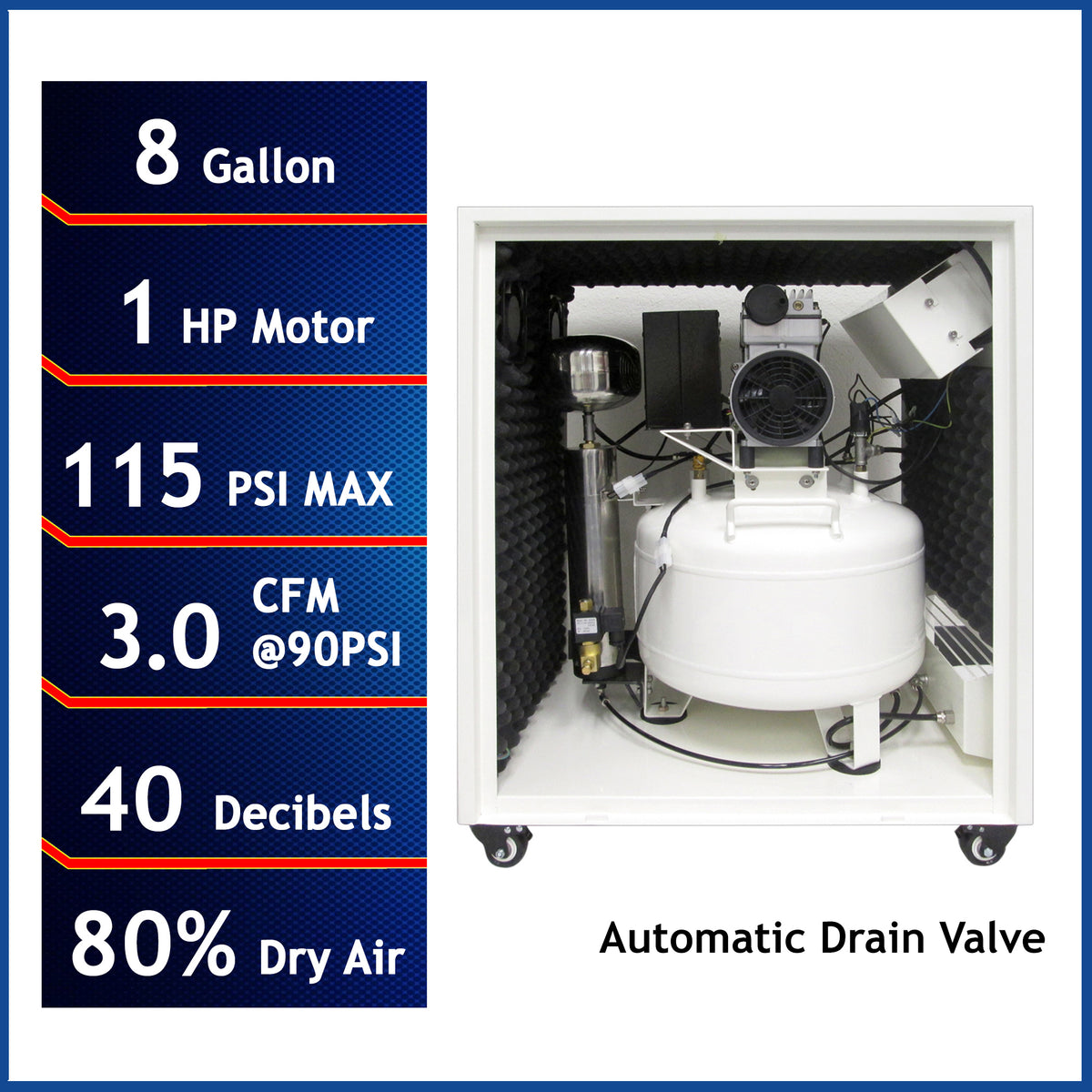 California Air Tools 8010DSPCAD Ultra Quiet & Oil-Free 1.0 Hp, 8.0 Gal. Air Compressor with Air Dryer in Sound Proof Cabinet and Auto Drain Valve