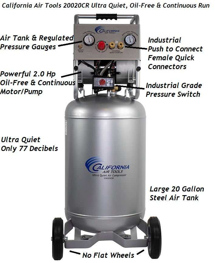 California Air Tools 20020CR Continuous Ultra Quiet & Oil-Free Air Compressor 2.0 Hp, 20.0 Gal. Steel Tank Air Compressor