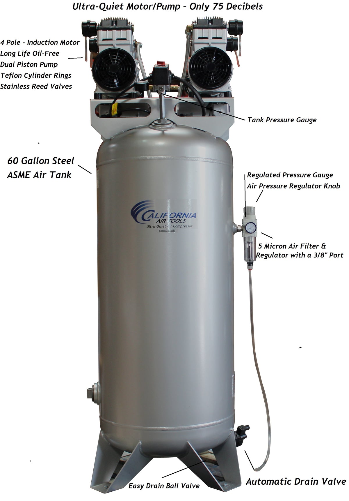 California Air Tools 60040CAD Ultra Quiet & Oil-Free 4.0 Hp, 60 Gal. Steel Tank Air Compressor with Auto Drain Valve