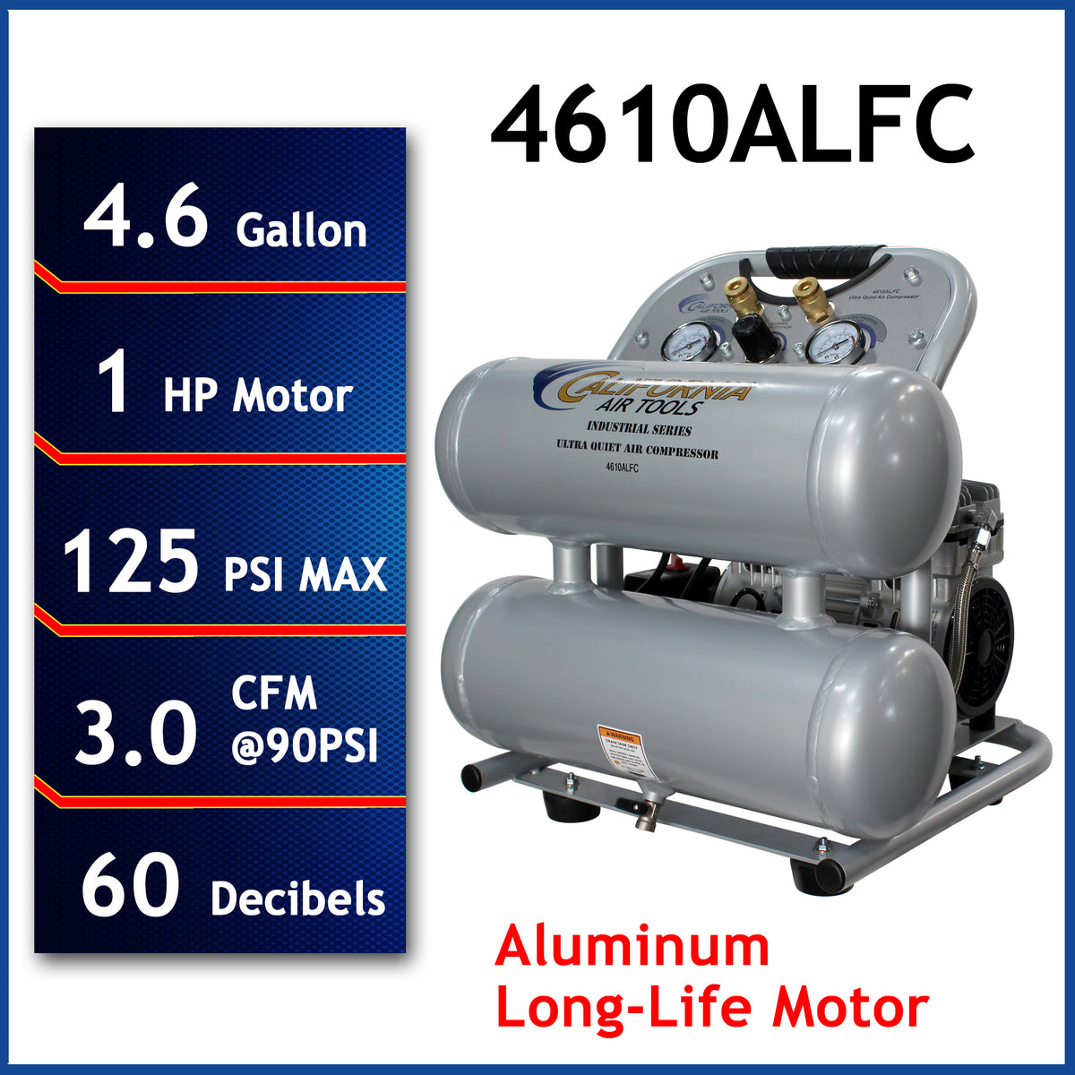 California Air Tools 4610ALFC Ultra Quiet  & Oil-Free  1.0 Hp, 4.6 Gal. Aluminum Twin Tank Air Compressor
