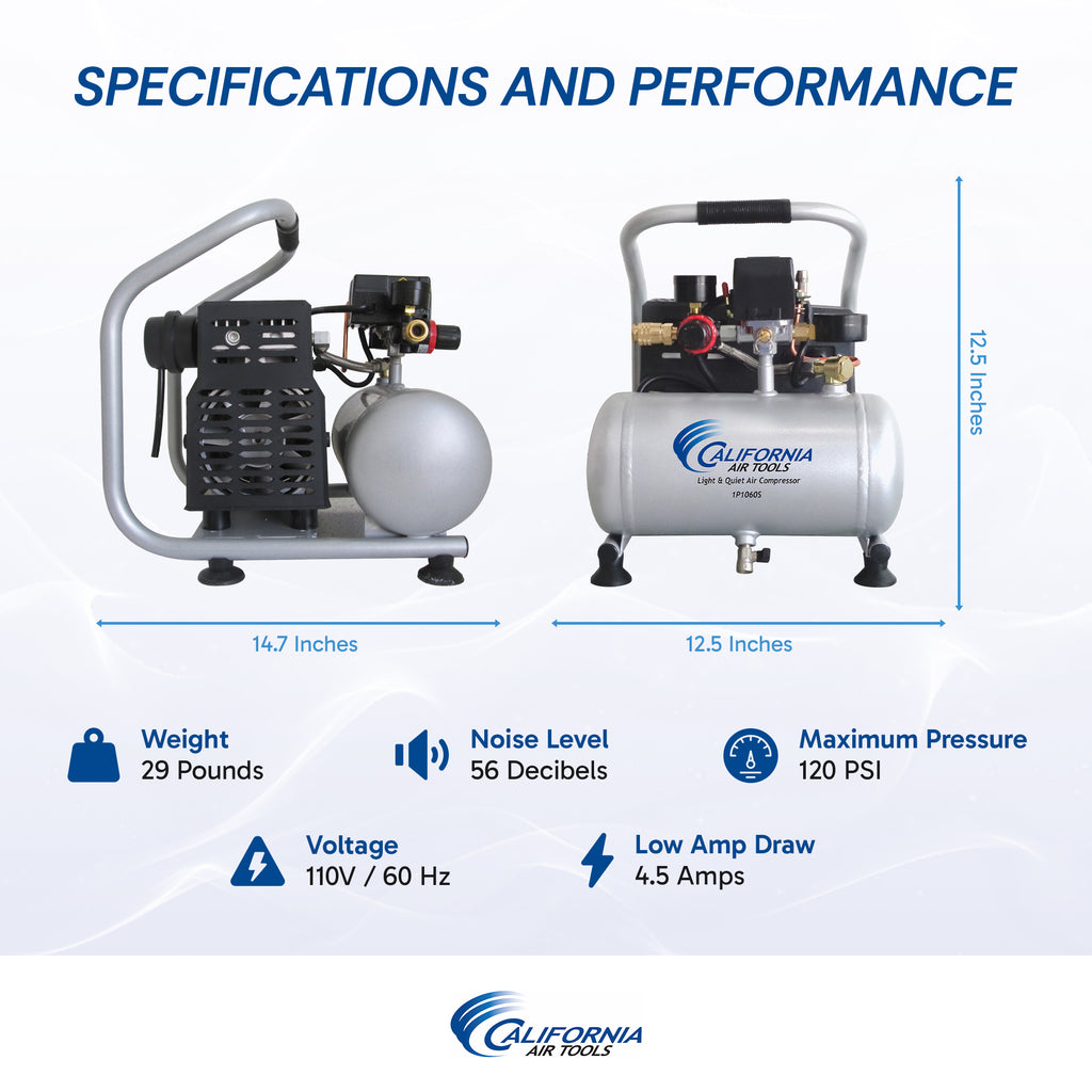 California Air Tools 1P1060S Light & Quiet .6 Hp, 1.0 Gal. Steel Tank Portable Air Compressor