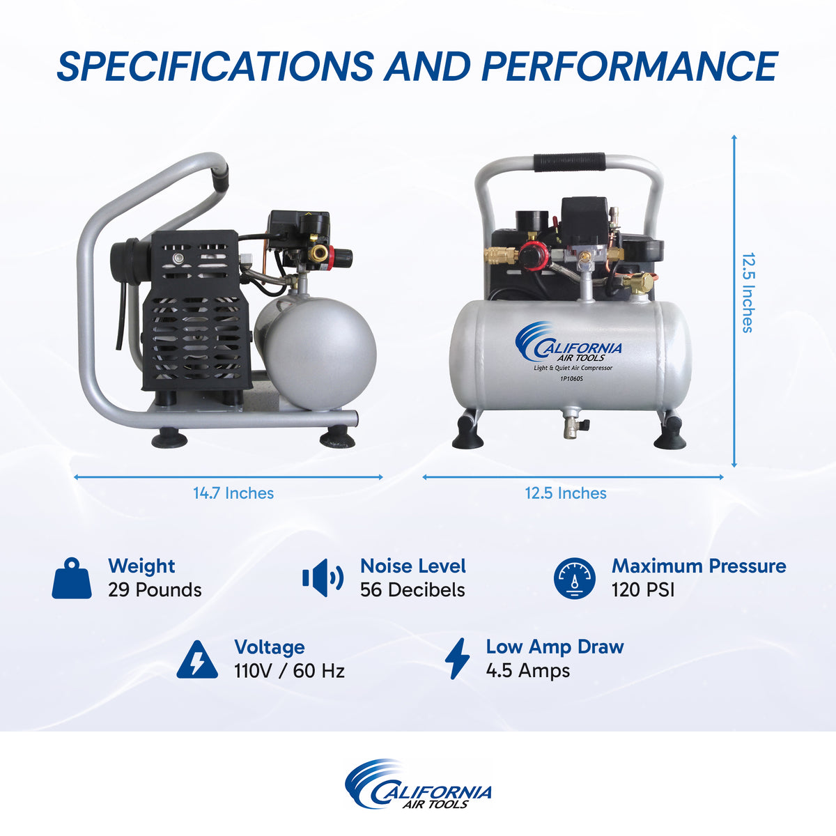 California Air Tools 1P1060S Light & Quiet .6 Hp, 1.0 Gal. Steel Tank Portable Air Compressor