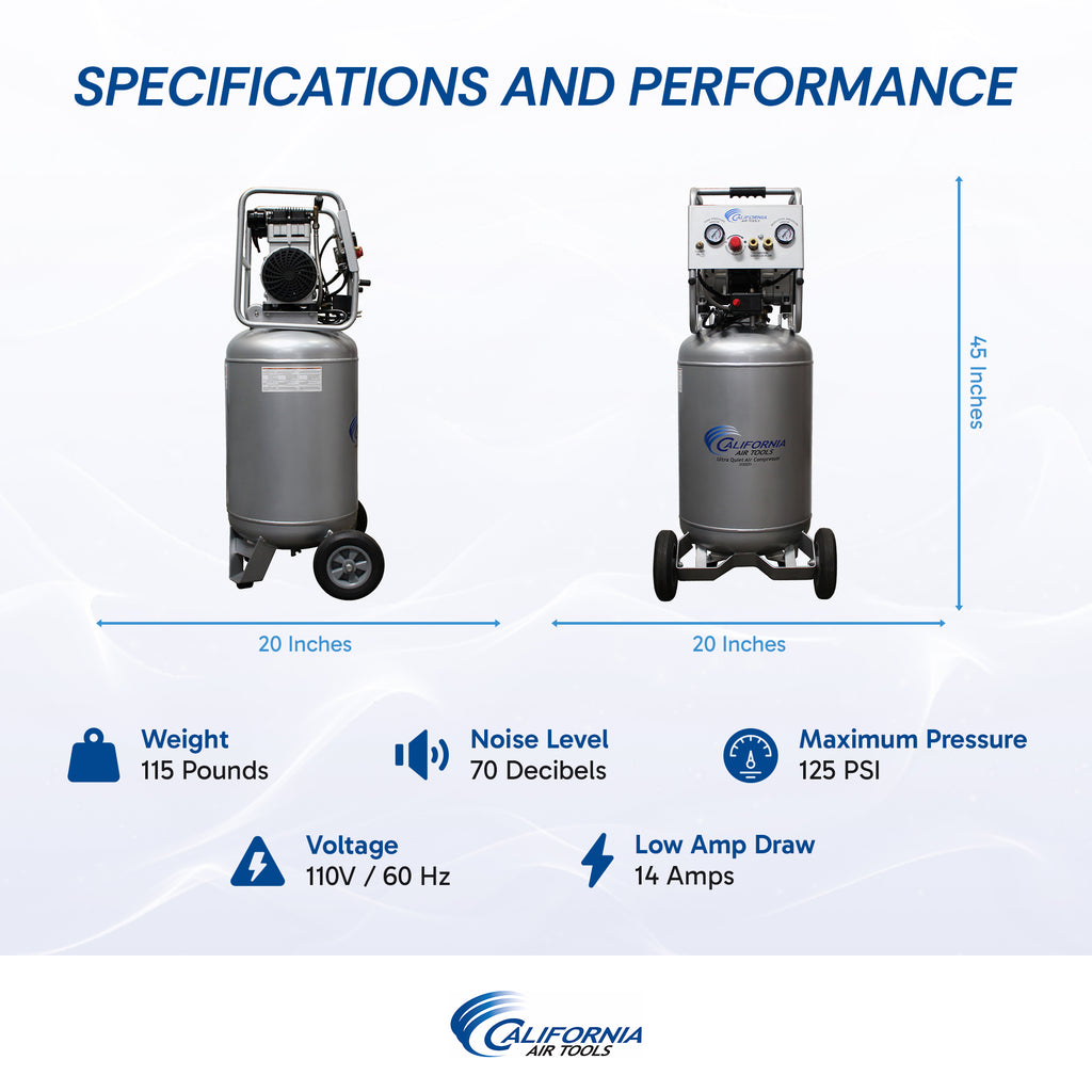California Air Tools 20020AD Ultra Quiet & Oil-Free Air Compressor 2.0 Hp, 20.0 Gal. Steel Tank Air Compressor with Automatic Drain Valve