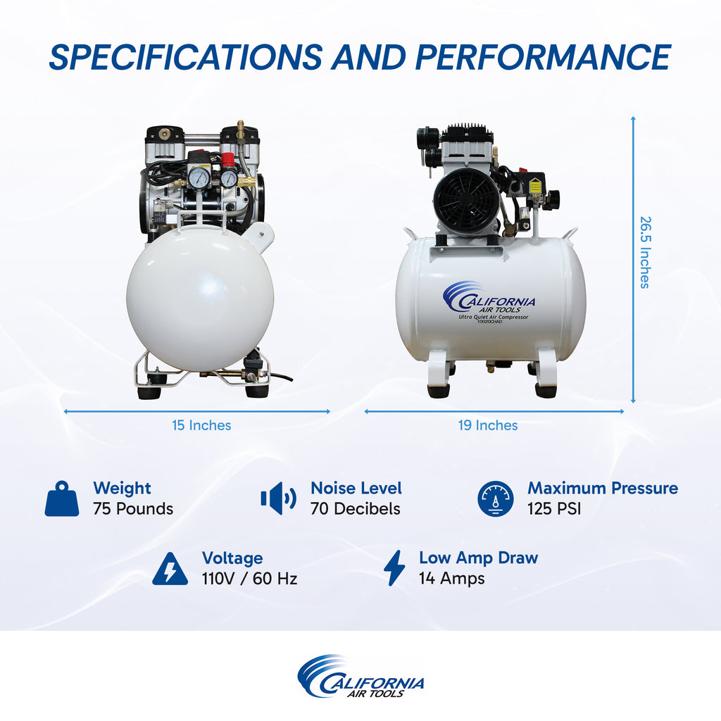 California Air Tools 10020CHAD Ultra Quiet & Oil-Free 2.0 Hp 10.0 Gal. Steel Tank Air Compressor with Auto Drain Valve