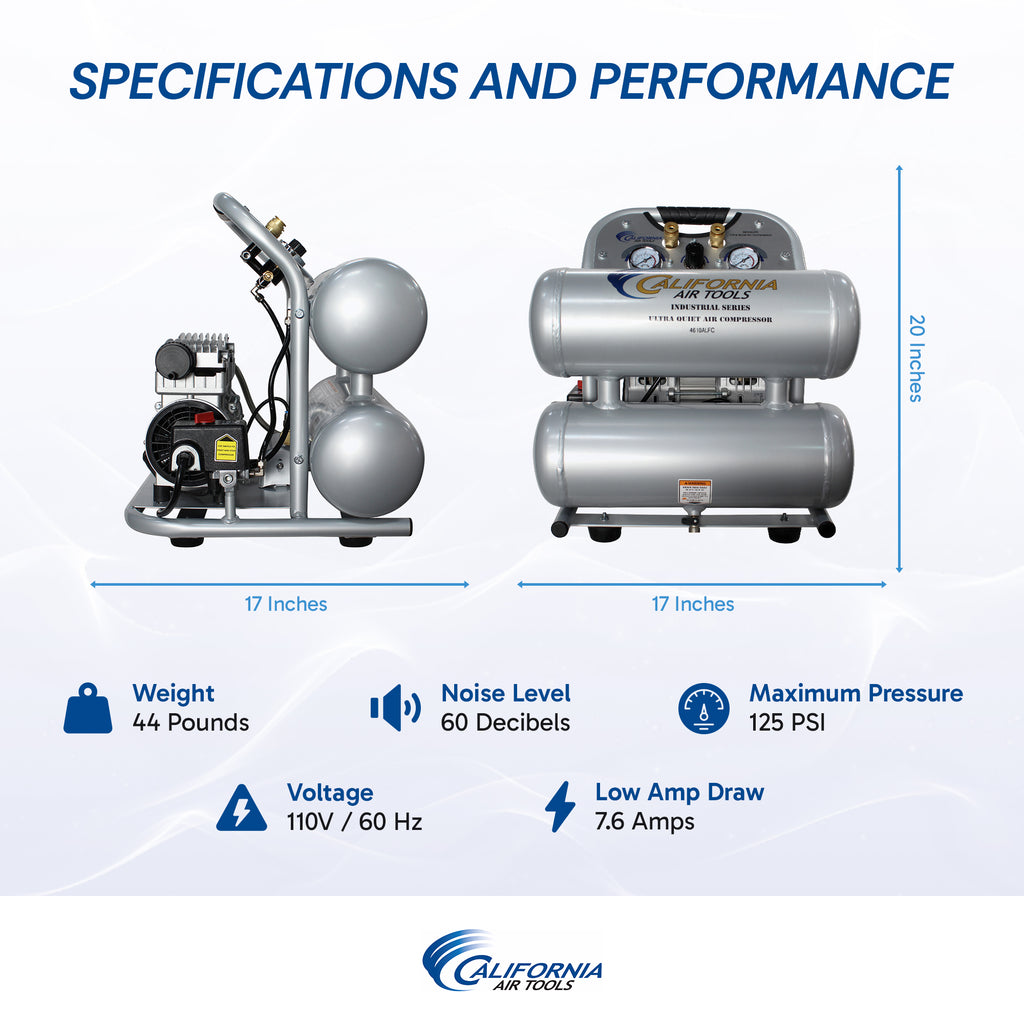 California Air Tools 4610ALFC Ultra Quiet  & Oil-Free  1.0 Hp, 4.6 Gal. Aluminum Twin Tank Air Compressor
